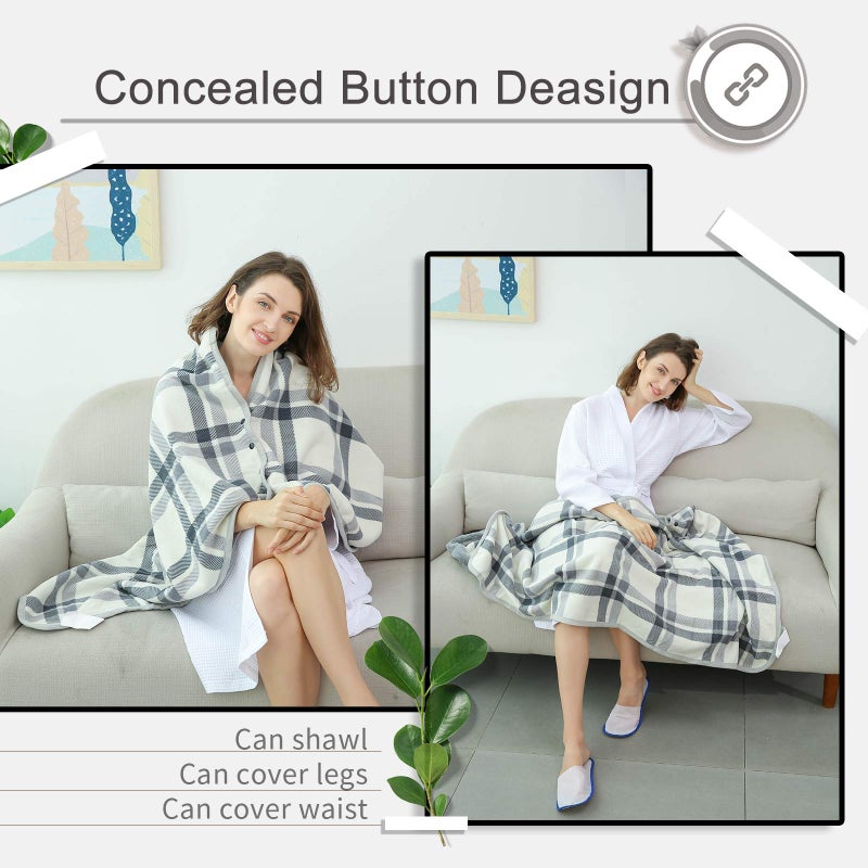 XING YE CHUAN Fleece Wearable Blanket, Comfy Poncho Throw with Buttons, Plush Sleeveless Blankets, for Women Cape Wrap Cover for Lightweight Microfiber Plaid Design (White) - Image 4
